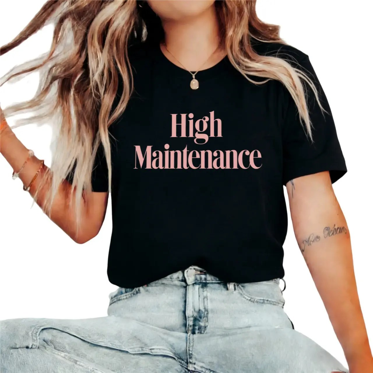 Everyday Women's Stylish T-Shirt – Pink "High Maintenance" Graphic with Casual Crew Neck