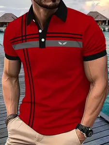 Men's Fashionable Comfortable Performance Polo Shirt, Summer Golf Tennis Sports Stripe Collar Polo, Geometric Pattern, Short Sleeve, Fitted, All Seasons