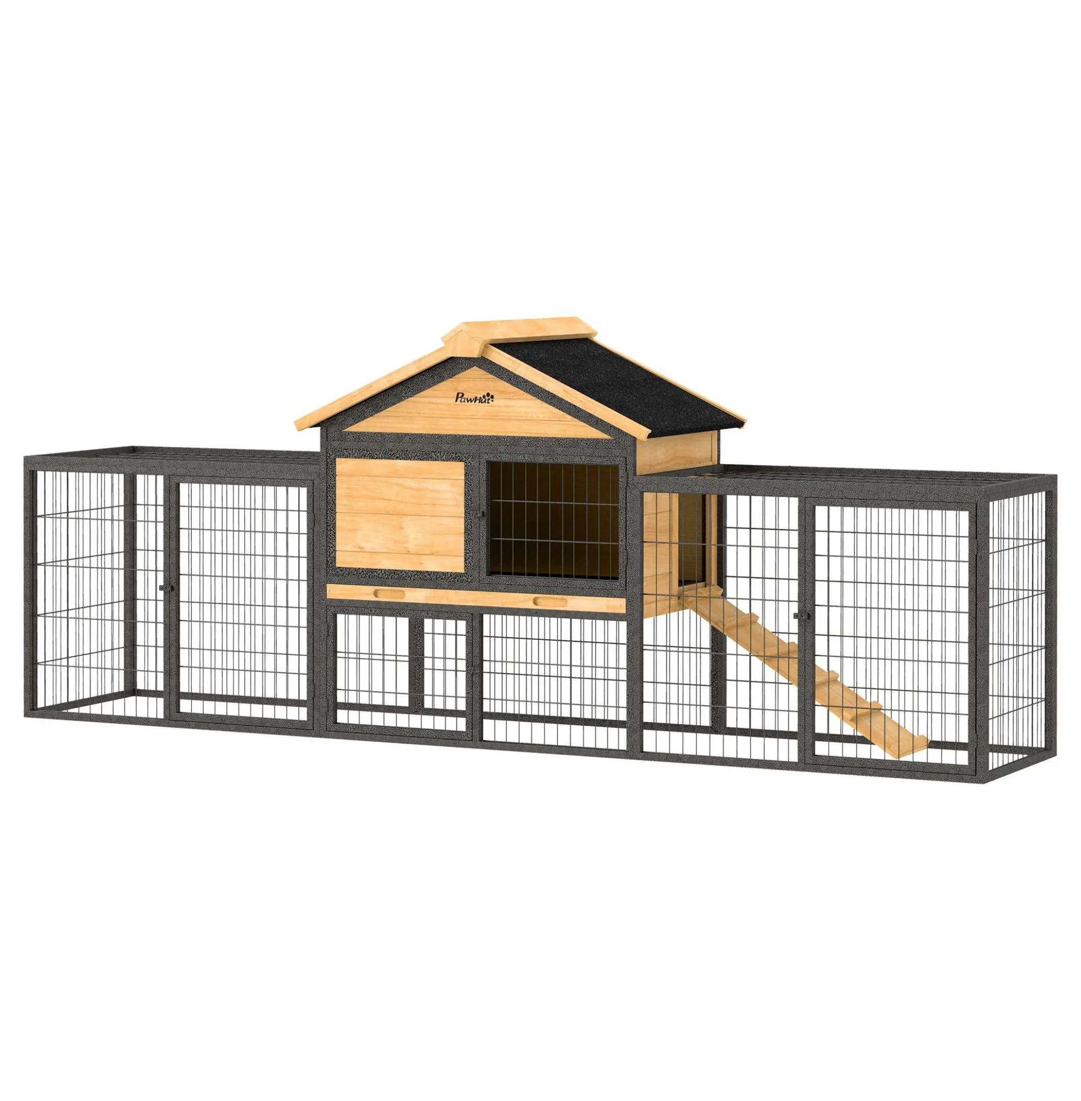 85.4" W x 20.9" D x 33.9" Outdoor Wooden Rabbit Hutch with Steel Run, Detachable Tray, Asphalt Roof, Ramp, Plastic Accents, Yellow Pet House