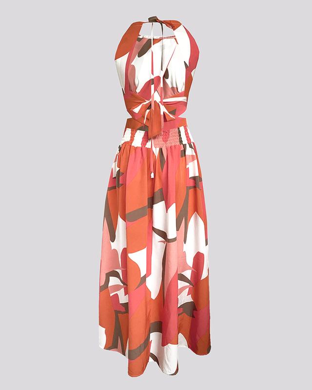 ChicMe Women's Floral Print Halter Sleeveless Shirred Maxi Dress Casual Waist Criss Cross Hollow-out Dress