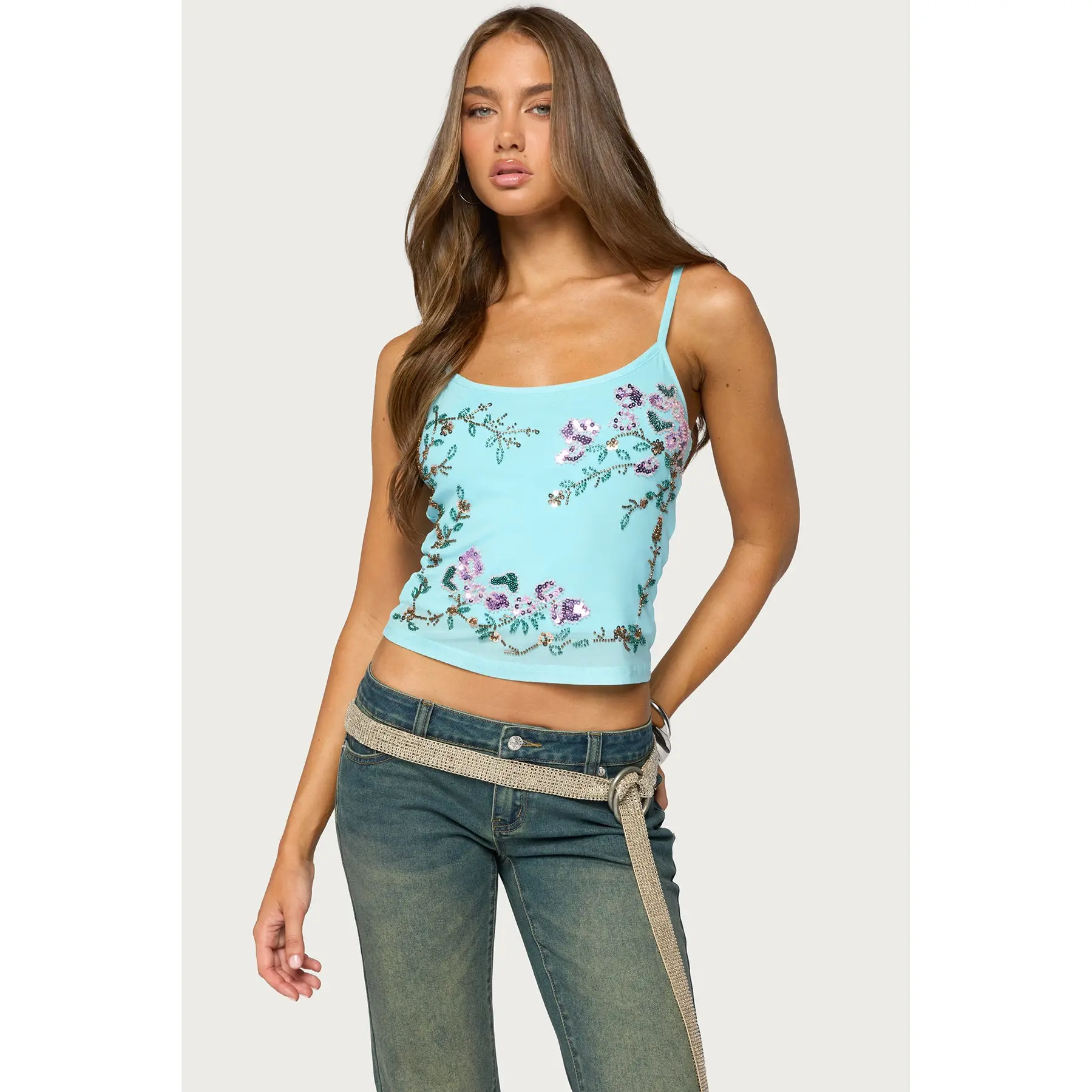Blair Floral Bead & Sequin Mesh Top