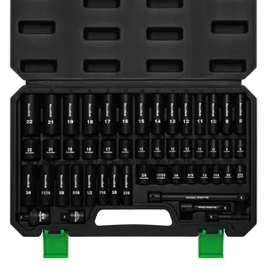 3/8" Drive Impact Socket Set, 49-Piece SAE (5/16"-3/4") and Metric (8mm-22mm), 6 Point, Cr-V, Extension Bars, 1/2" F to 3/8" M Reducer, Universal Joint and Power Drill Adapter
