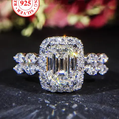 S925 Sterling Silver Square Shaped Artificial Zirconia Decor Ring, Elegant Engagement Ring, Elegant Promise Ring for Women, Trendy All-match & Exquisite Jewelry for Birthday Gift