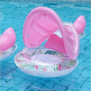 Inflatable Toddler Pool Float with Sun Shade Canopy, Baby Swim Ring with Safety Seat & Easy-Grip Handles, Durable Thick PVC Construction, Cute Cartoon Designs, Portable Float for Backyard Pools, Beach Trips & Lake Days