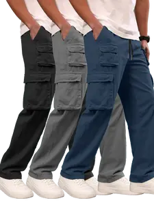 3-Pack Men Heavyweight Cargo Pants, 140GSM Polyester Multi-Pocket Non-Stretch Straight Leg Workwear Trousers, Casual All Season Outdoor Daily Wear