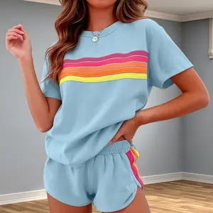 Rainbow Color Block Comfy Two-Piece Stylish Casual Set New Trendy Fashion Look Clothes Fabric Lightweight Loose Fit Womenswear Suits 2 piece sets women comfort sweat set sweatsuit set outfit Everyday Love