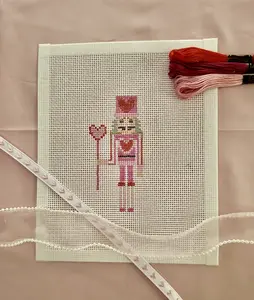 Valentine's Day Heart Love Nutcracker Hand Painted Needlepoint Canvas Ornament Size Pink Craft Handcraft 13 Mesh Zweigart Canvas for Christmas Stitching Projects