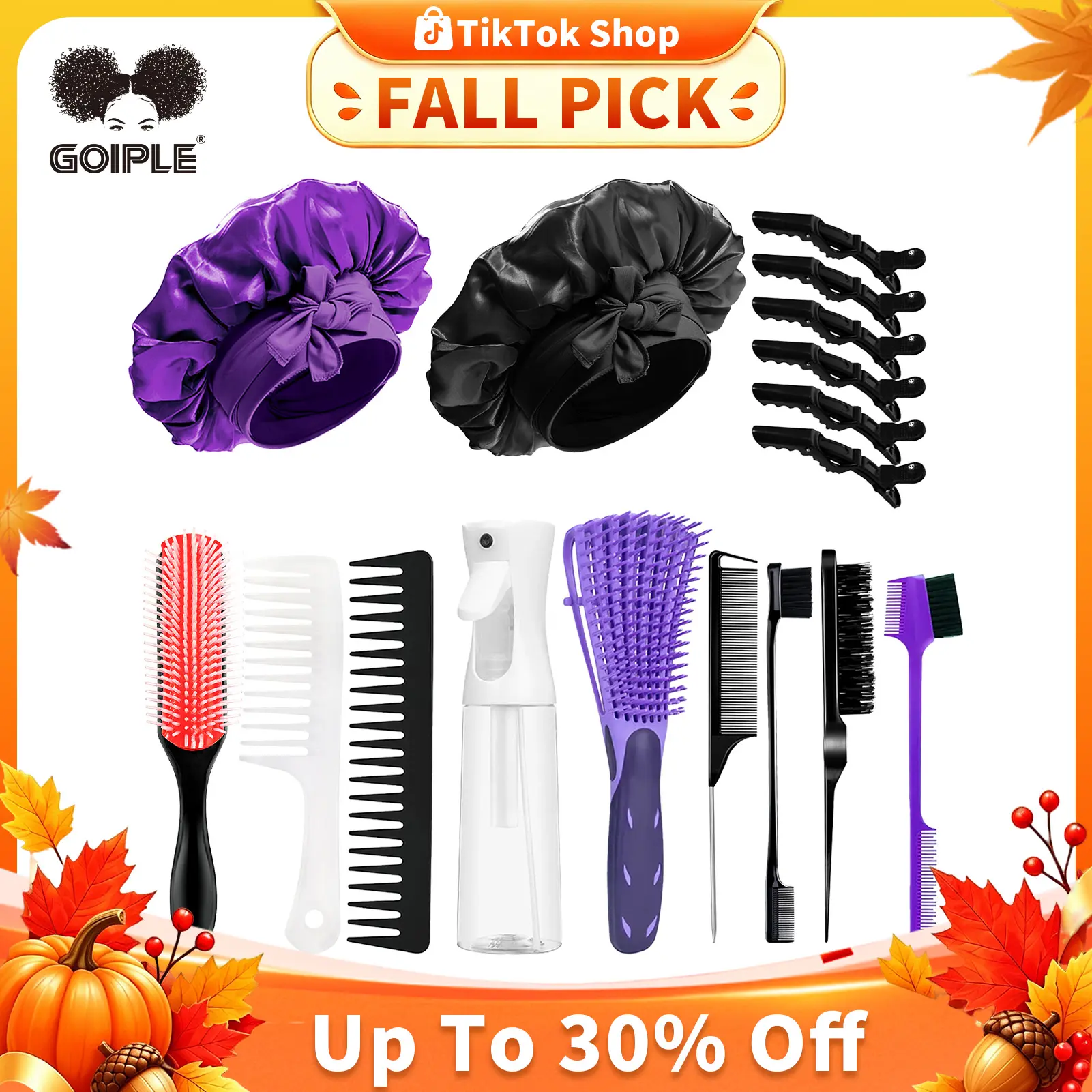 Goiple 17-Count Haircare Gift Set - 9-Row Bristle Brush, Hair Detangling Comb, Wide Tooth Comb, Nylon Bristle Brush, Satin Bonnet, Anti-Frizz Styling Tools for Curly Locks, Black Girls (Purple)