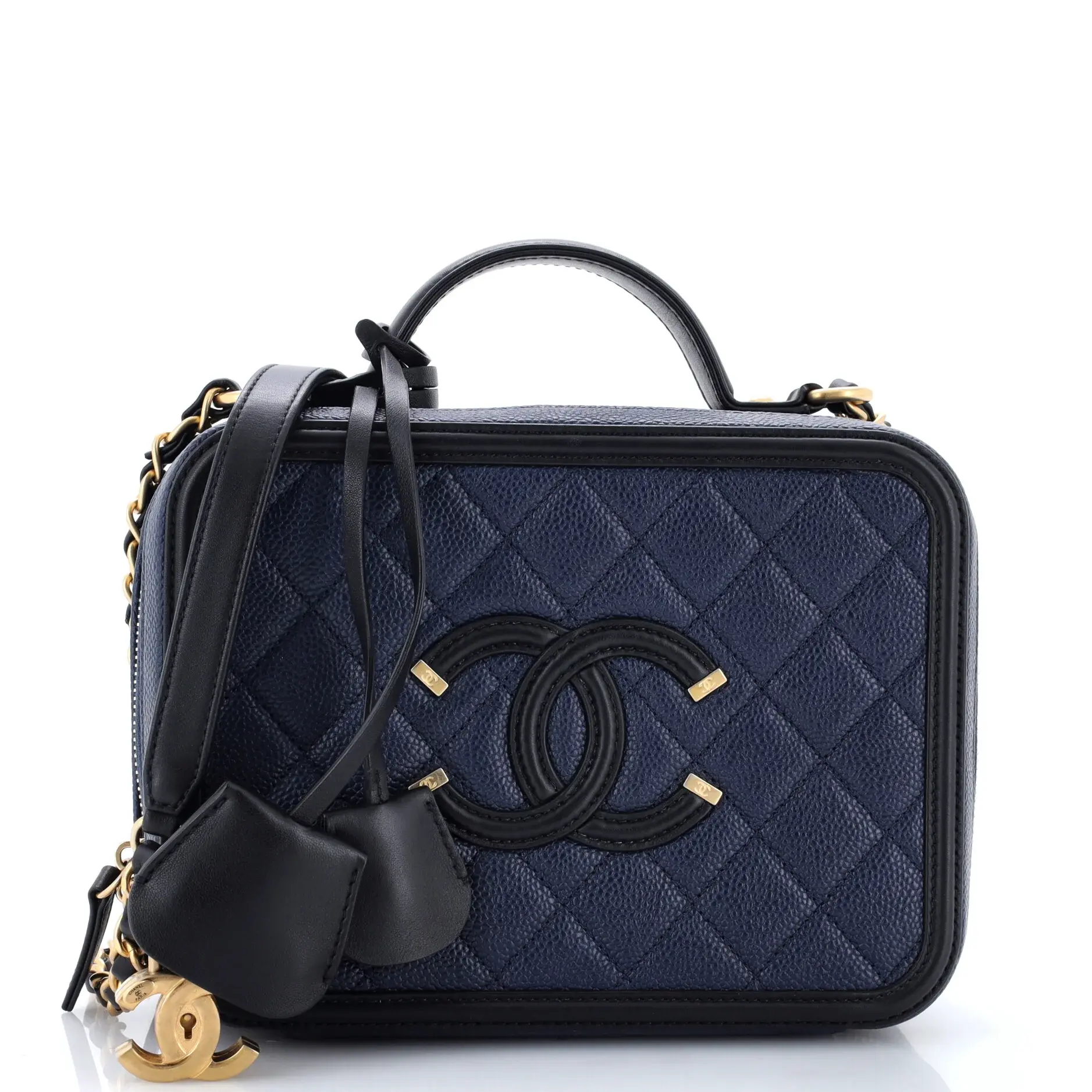 Pre-owned CHANEL Leather Top Handle Bags Filigree Vanity Case Quilted Caviar Medium by Rebag