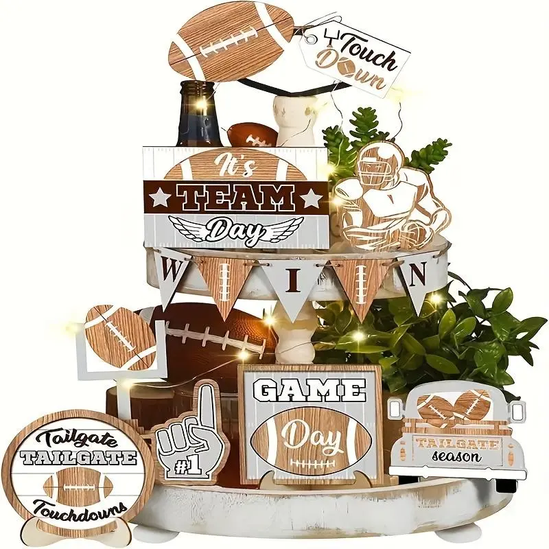 Wooden Football Themed Decoration without Tray, 14pcs/set Football Themed Desktop Decoration, Home Decor for Living Room Bedroom Kitchen Bar, Party Supplies, Ornaments