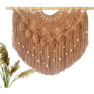 Youngeast Large Macrame Wall Hanging Boho Beaded Curtain for Window Macrame Bedroom Headboard Living Room Wall Art Tassel Tapestry Bohemian Woven Wall Decor 31" W X 25" H (Khaki)