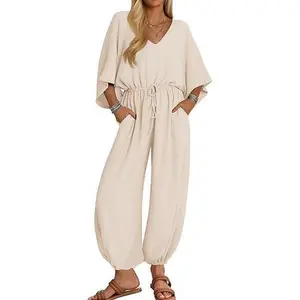 ZESICA Women’s Short Sleeve Jumpsuit – Casual V Neck One Piece Romper with Drawstring Waist & Pockets, Comfy Summer Outfit