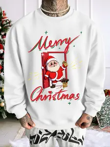 Men's Long Sleeve Hoodie, Christmas Santa Reindeer Print, Fun Cartoon Pattern, Fitted Casual Fall & Winter Sweatshirt