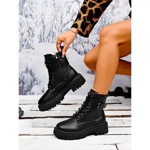 Women's Koi Lace Up Platform Combat Boots, Fashionable Durable Daily Wear, Casual Style Above Ankle Below Knee, Fall & Winter Footwear, Walking Shoes