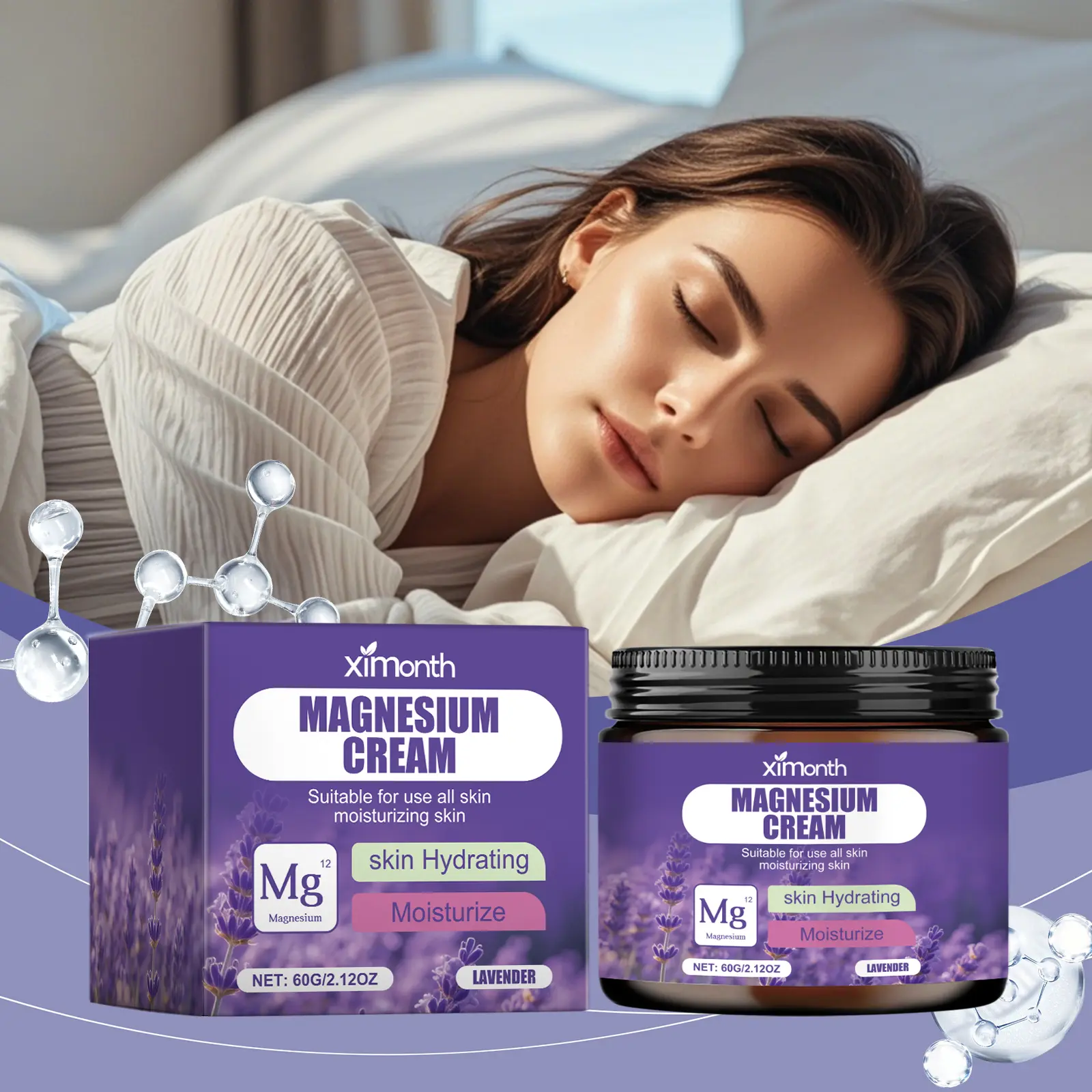 Sleep Magnesium Cream, Body Care Moisturizer, Lavender Coconut Glycerin Relaxing Muscle Care Before Bedtime, Moisturizing, Hydrating & Nourishing Nighttime Body Balm, Comfortable Daily Use, Soothing