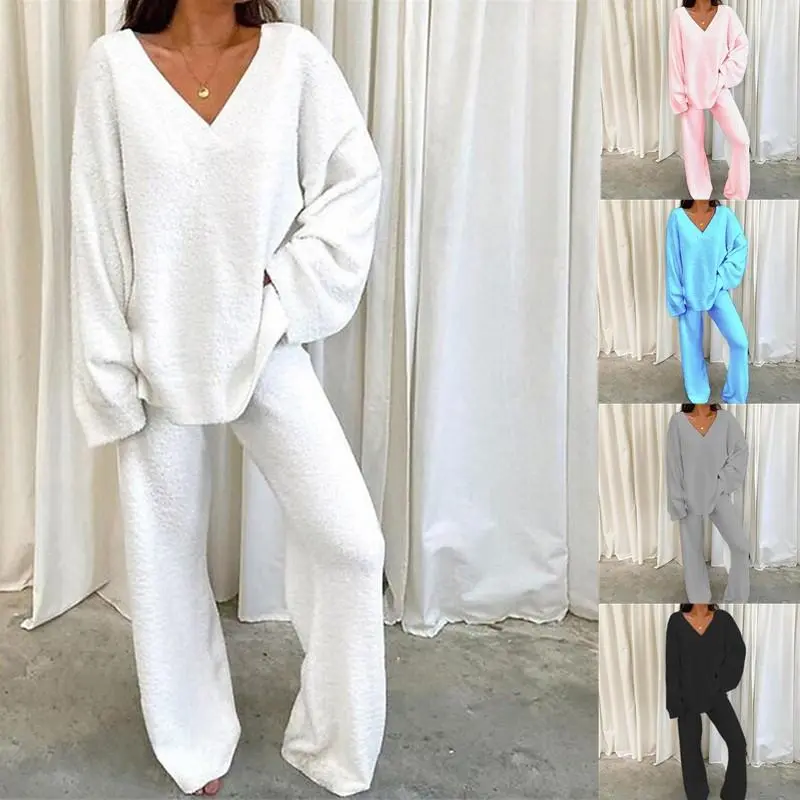Autumn and winter knitwear women's solid color sexy V-neck casual long-sleeved pants with pockets ladies knitwear sportswear long-sleeved pullover and pants warm two-piece suit ladies sweater