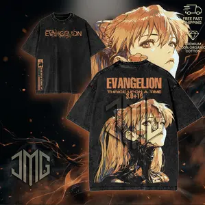 Asuka Langley retro Evangelion  Washed Heavy Cotton T-Shirt | Unisex Anime Manga Tee and Evangelion Fans Fabric Menswear Top Tshirt Clothing Collar Seamless Oversized Streetwear Hoodie Kangaroo graphic sweatshirt merch gift
