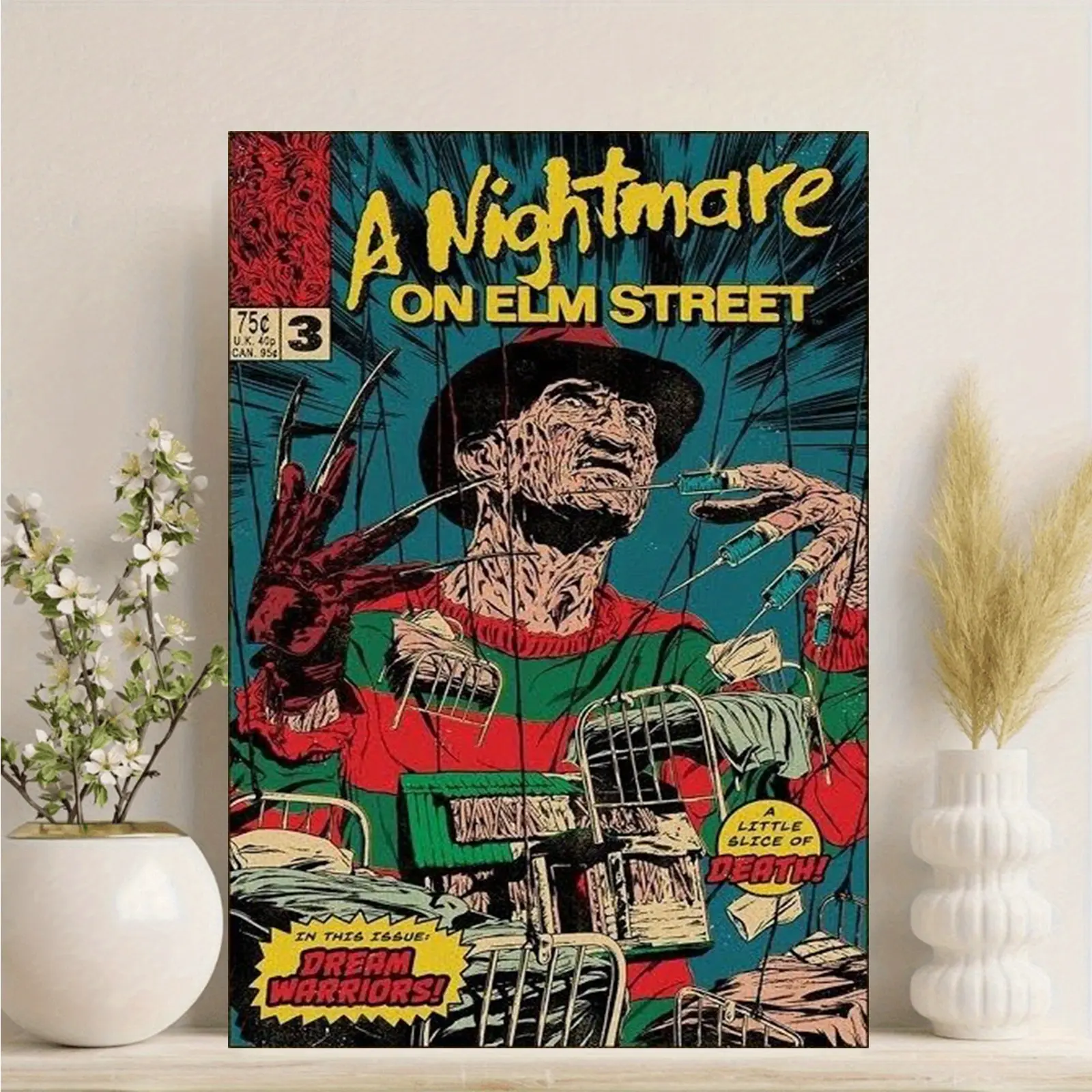 Freddy Krueger A Nightmare on Elm Street Comic Canvas Poster, Vintage Retro Room Decor Hanging Artwork, Lightweight Wood Wall Decoration, 20×30 in Framed-Unframed Print, Halloween Man Cave Accent