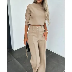 2024 Spring/Autumn Women's Set  New Fashion Small High Neck Clothing Slim Fit Solid Pocket Micro Horn Pants Set For Office Lady