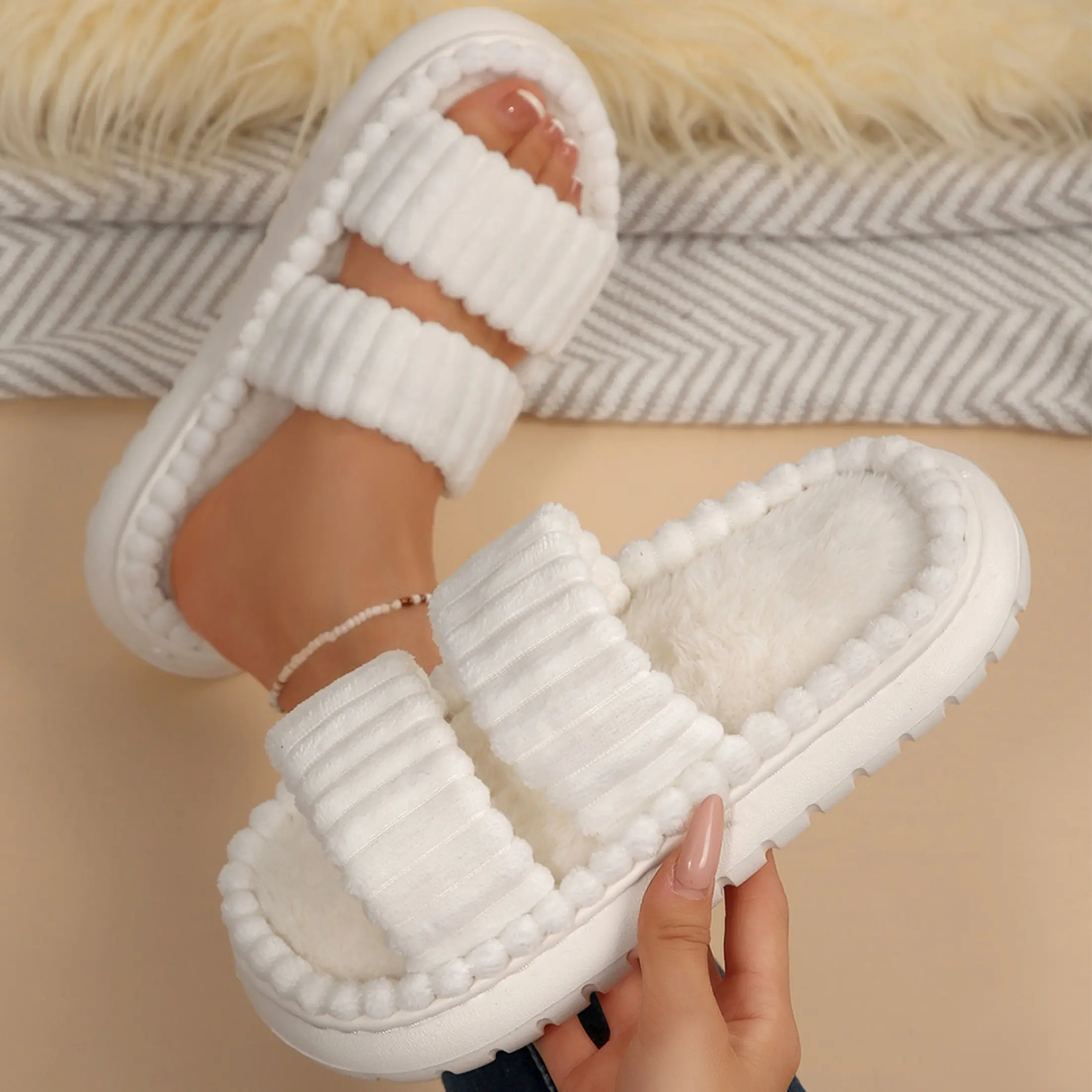Fuzzy Double-Strap Open-Toe Slippers for Women Platform Design Cozy Casual Footwear Multicolor Options