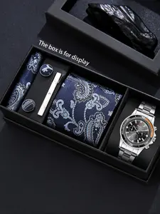 6pcs Luxury Watch Gift Box Set, Silver Color Steel Band, Paisley Pattern Tie & Cufflinks, Classic Elegant Style, Business Men's Gift
