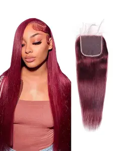 99j Burgundy Body Wave 4x4 Lace Closure Human Hair, 10A Burgundy Wine Red Color Wavy Free Part Melt Lace Closure 100% Unprocessed Virgin Remy Hair Pre Plucked With Baby Hair Closure Human Hair Textured