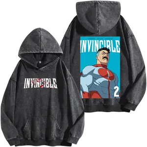 Invincible S4 Conquest Graphic Washed Hoodie Vintage Black, Superhero Comic Anime Streetwear, Powerful Character Fan Hoodie
