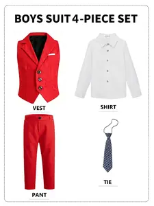 Boys' Formal 4-Piece Suit (Shirt + Lapel Vest + Elastic Waist Trousers + Striped Tie) Red/White/Black/Navy/Grey 5 Colors Available Sizes 100-150cm Slim Fit Page Boy Outfit Ideal for Weddings Parties & Performances, Outfits Set