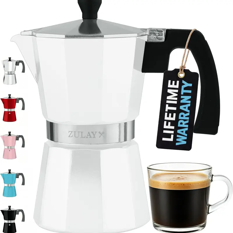 Zulay Kitchen Italian Espresso Maker - Classic Moka Pot with Curved Handle - Aluminum Body with High-Pressure Valve for Rich Coffee Flavor