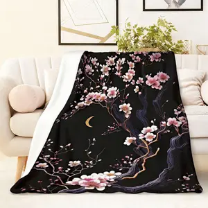 270G Thickened Flannel Blanket Chinese Style Plum Blossom and Moon Pattern Winter Warm Sofa Blanket Bedroom Quilt Soft Comfortable Home Office Lunch Break Air-Conditioning Blanket Machine Washable Multi