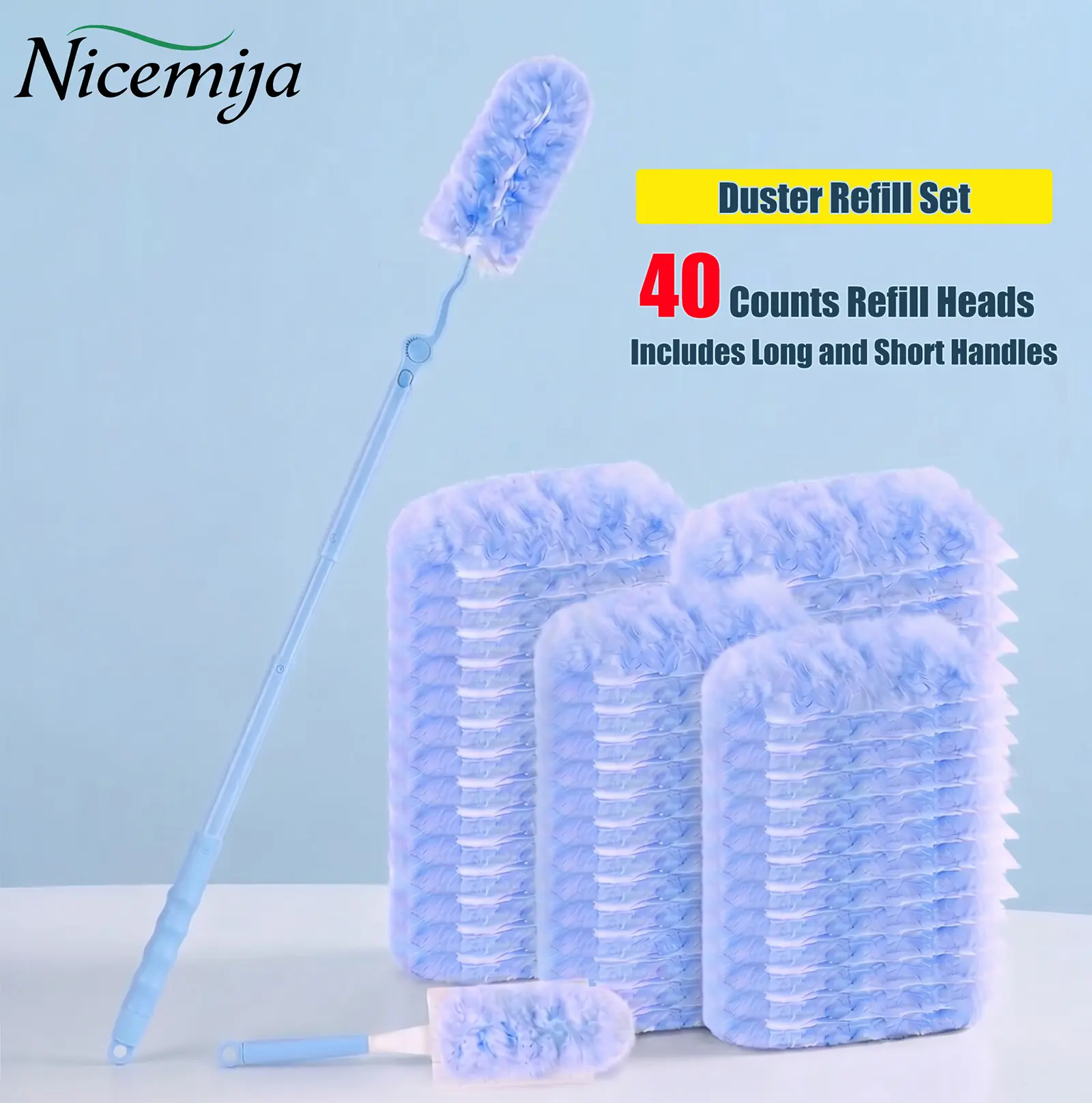 Disposable Duster Refill 40 Counts Set for Swiffer Heavy Duty 2 Side 360° Cleaning 5X Microfibers Electrostatic Dust Removal Include 1 Short 1 Extendable Handle Household Home Cleaning