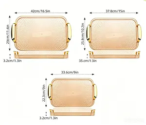 3Pcs Amber Plastic Serving Trays with Gold Handles, Stackable Nesting Trays for Steak Pizza Coffee Snack Makeup Organizer Home Decor