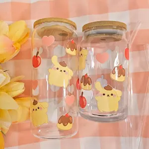 Pompompurin Glass Cup with Bamboo Lid and Glass Straw Drinkware Drink Coffee Tumbler