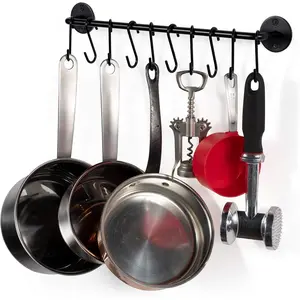 Cucina 16" Wall Mount Kitchen Organization Storage Rail with 10 S Hooks for Hanging Pots and Pans Set and Lid Organizer, Black Utensil Cabinet