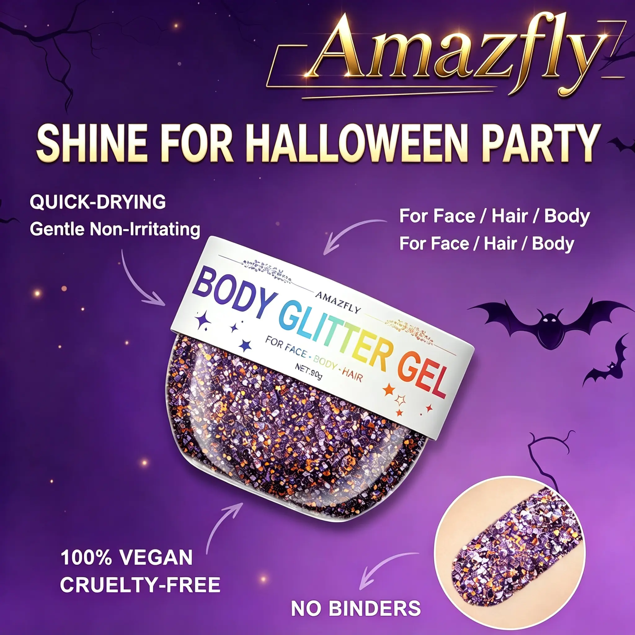 80g Halloween Face Glitter Gel, Orange Purple Black Skull Pumpkin Glitter Professional Chunky Giltter for Face Body Hair Paint,Kid’s Colorful Shimmering for Party Rave Music Festival Carnival Makeup