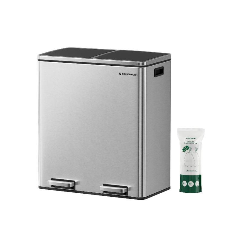 SONGMICS Stainless Steel Trash Can Garage Can Multi-Compartment Plastic Inner Buckets and Hinged Lids Soft Closure Kitchen