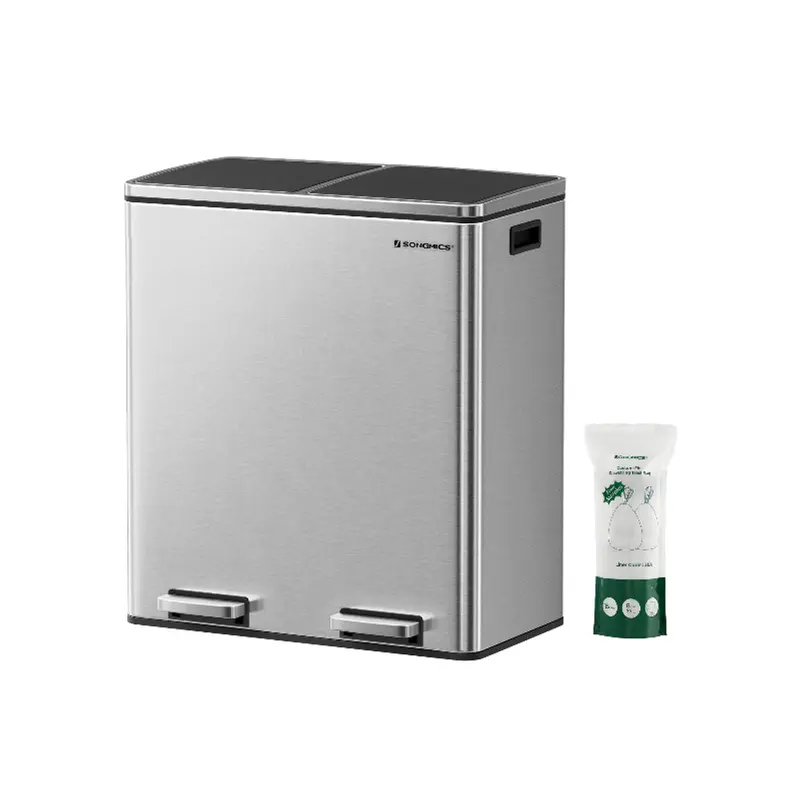 SONGMICS Stainless Steel Trash Can Garage Can Multi-Compartment Plastic Inner Buckets and Hinged Lids Soft Closure Kitchen