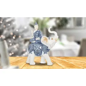 9"H Blue and White Thai Buddha Sitting on Elephant Statue Feng Shui Decoration Religious Figurine