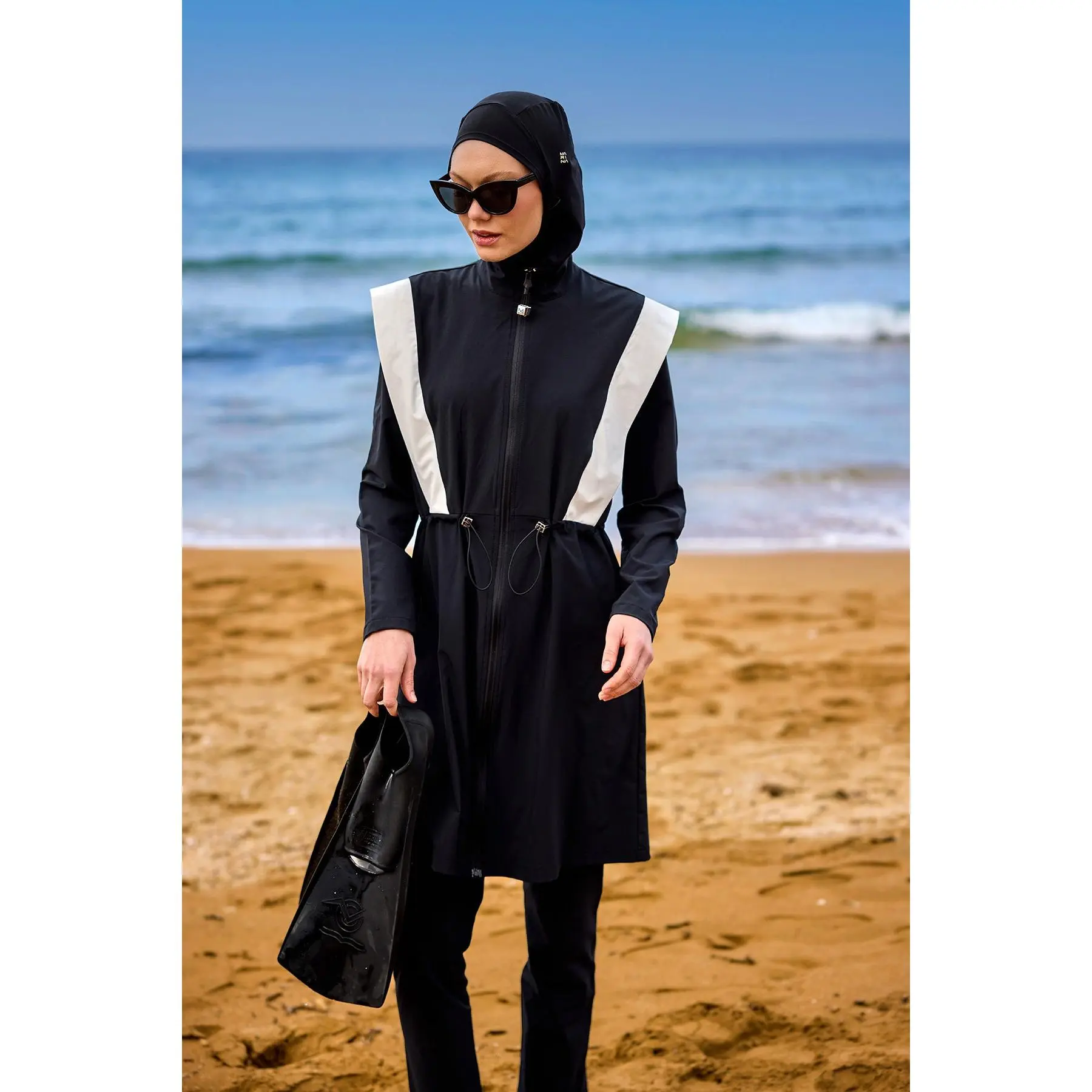 Women's Black 4-Piece Modest Burkini Set - High Neck Padded Bustier, Extra-Long Tunic, Anti-Slip Cap, UPF 50+, Mesh Islamic Swimwear (S,2XL,3XL,4XL,5XL)