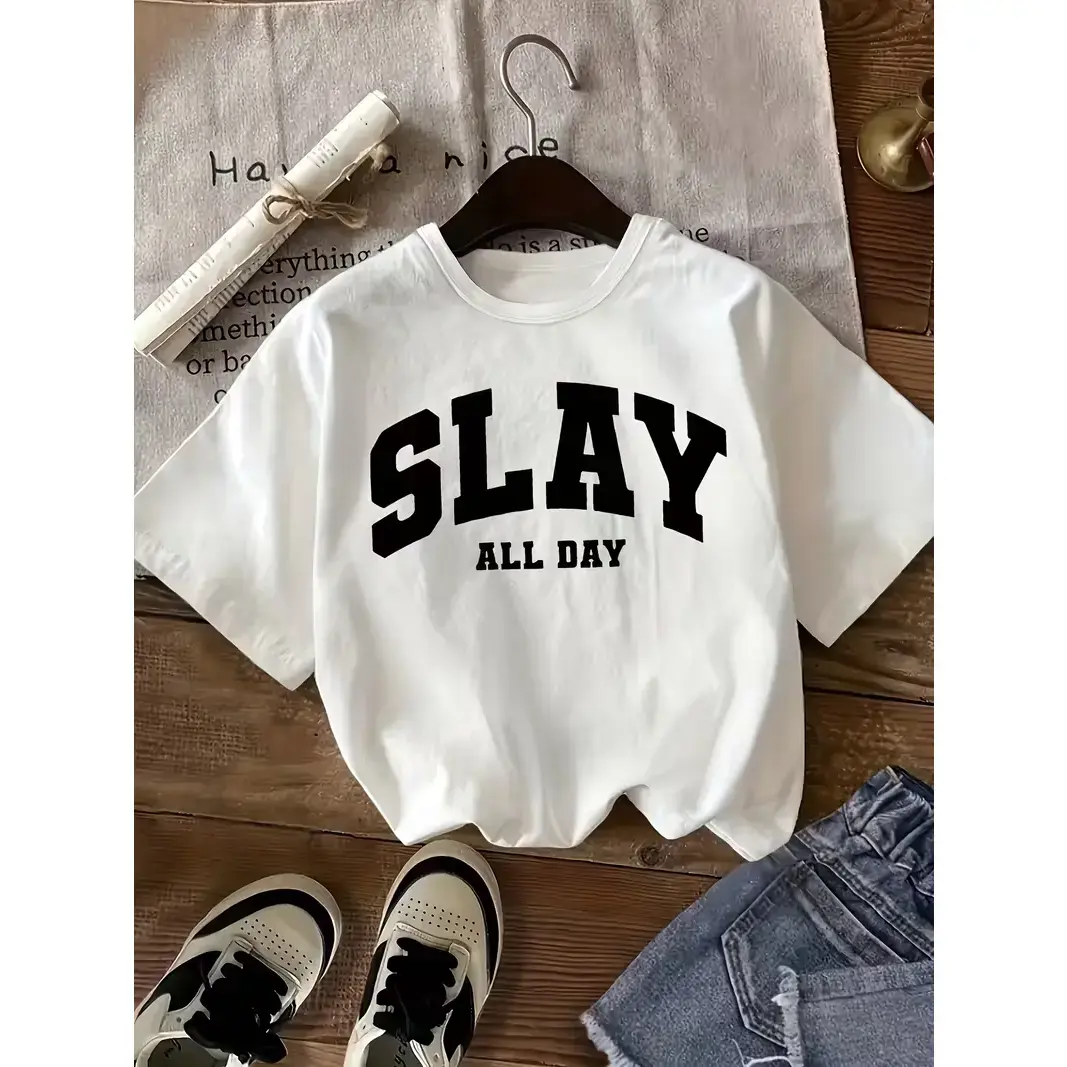 Girls' Teen Style Vintage Short-Sleeved Polyester T-Shirt - "Shine All Day" Monogram Print, Comfortable Casual Summer Top for Everyday & Outdoor Use, Casual Tee, Basic, Cotton, Everyday Use