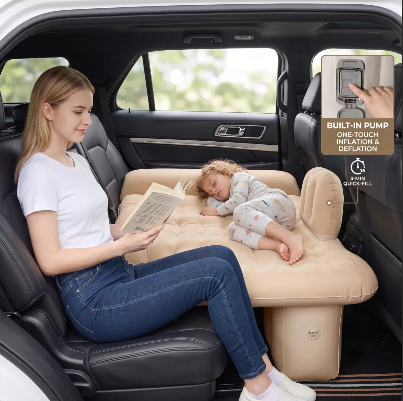 Kids 100% Formaldehyde-Free Backseat Car Bed Inflatable Mattress - Built-In & Integrated Smart Wireless Pump, Flocked Top Layer, Footwell Gap Filler, Portable for SUV Truck Camping Travel