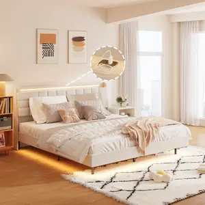 queen sized bunk beds Queen Floating Bed Frame with LED Light and Charging Station Upholstered Platform Bed Frame Queen Size with Headboard and Hidden Storage Space, No Box Spring Needed, Beige