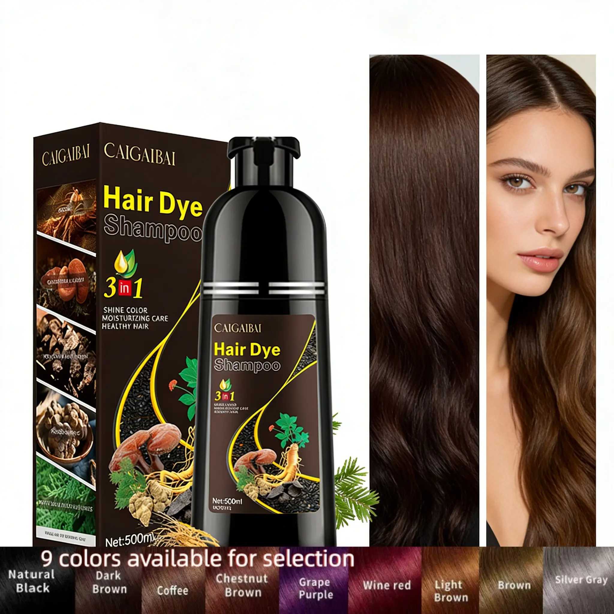 Ginger-Infused 3-In-1 Haircare Hair Coloring Hair Dye Shampoo 500ML, Natural Plant-Based Formula, Covers Hair Effectively, Nourishes Scalp, Long-Lasting Shine