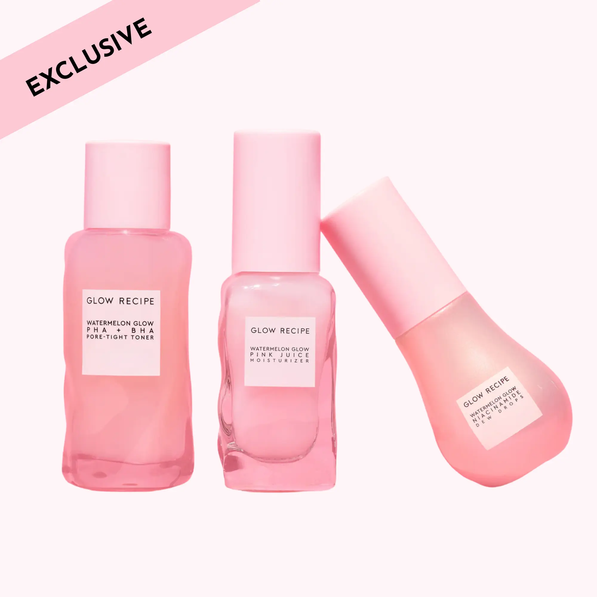 Glow Recipe Korean Real Glass Skin Skincare Kit - Vegan, Gentle Selfcare Set for Adults with Watermelon Glow PHA+BHA Pore-Tight Toner, Niacinamide Dew Drops, Pink Juice Oil-Free Moisturizing Moisturizer, Hydrating, Radiant Brightening Products, Beauty Pro