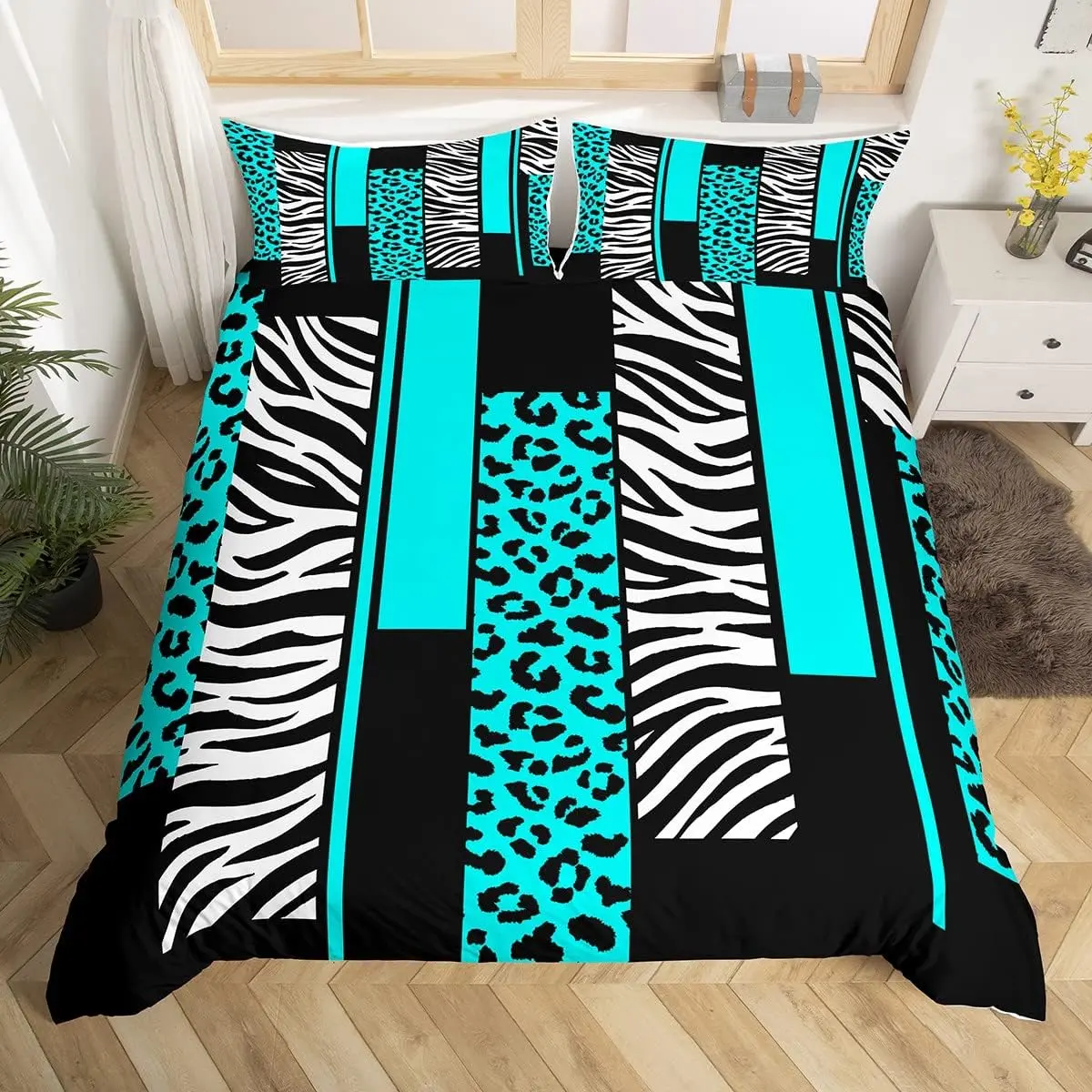 Feelyou Queen Bedding Sets - Queen Size 3D Print Animal Pattern Duvet Cover, Decorative Quilt Bedding, Fluffy Breathable Safari Bedding, Cheetah Leopard Zebra Designs in Teal White Black (No Comforter), Decorative Bedding Set