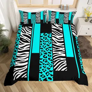 Leopard Zebra Queen Size Cheetah Teal White Black Duvet Cover,Animal Print Quilt Cover,Breathable Safari Bedspread Cover,No Comforter