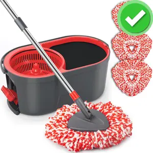 Rotating microfiber mop and bucket with foot-operated wringer.