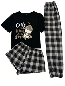 SERACAL 3-Piece Milk Silk Pajamas Set for Women, Cartoon Plaid Loungewear, Thin Breathable Home Clothes for Sleep & Relaxation