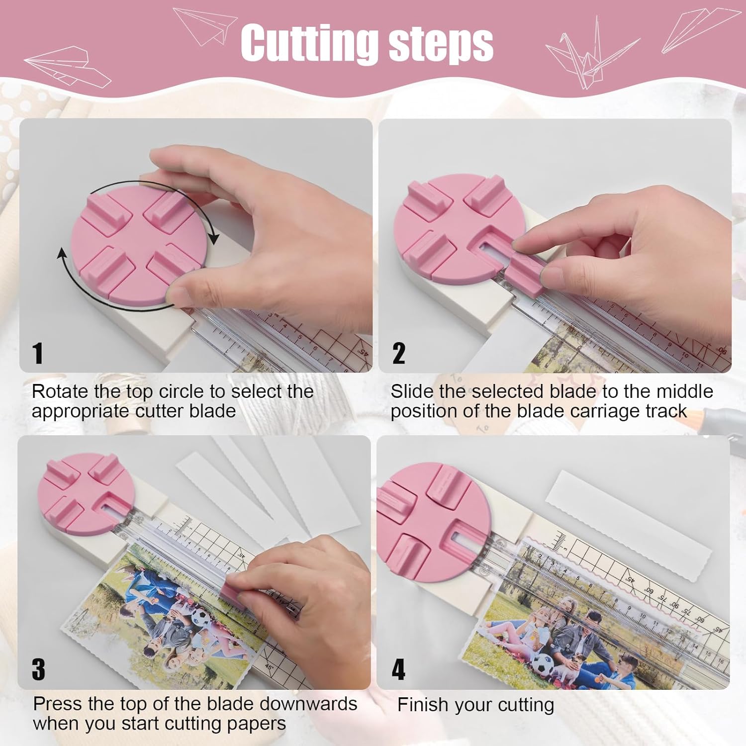 4 in 1 Paper Trimmer, Multi-Function Craft Cutter for Paper, Photo and Postcard Cutting, Portable Scrapbooking Tool with Wave and Creasing Lines (Pink)