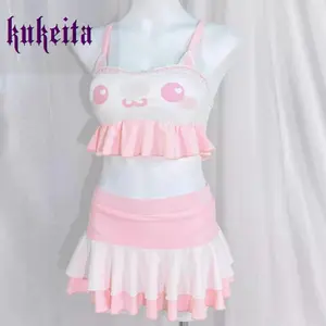 Kukeita Women Y2k Sweet Bikini Set Japanese Kawaii Print Ruffles Lolita Swimsuit Crop Top+Skirt Two Piece Swimwear Beach Wear